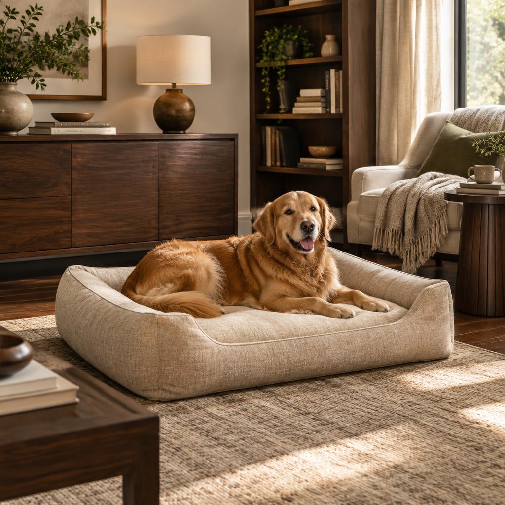 Golden retriever in a plush dog bed